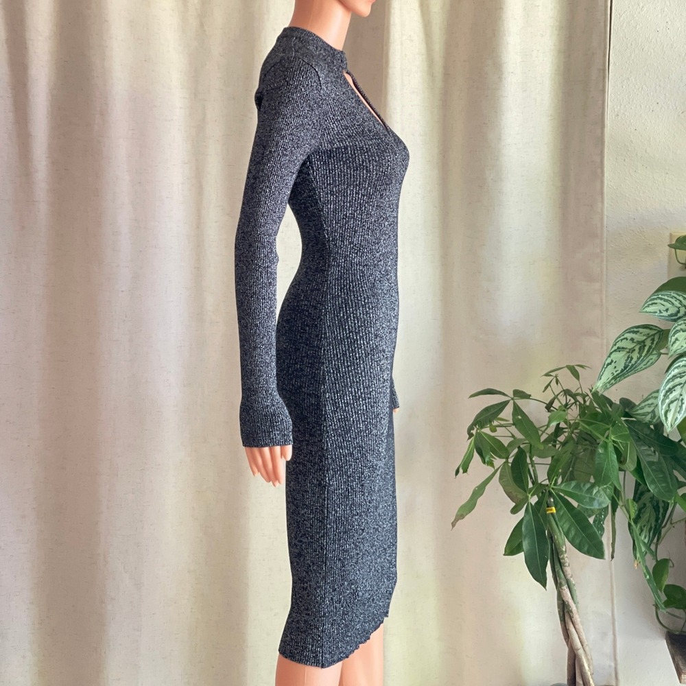 Metallic Silver Ribbed Bodycon Midi Dress Keyhole Ring Mock Neck Long Sleeve S - Picture 3 of 9